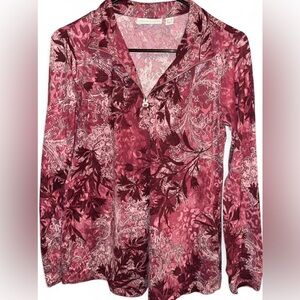 Susan Graver XS Pink Paisley Floral Print Long Sleeve V-Neck Quarter Zip Blouse